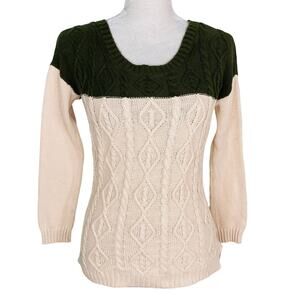 Olive & Oak Sweater S Beige Green Cable Knit Crew